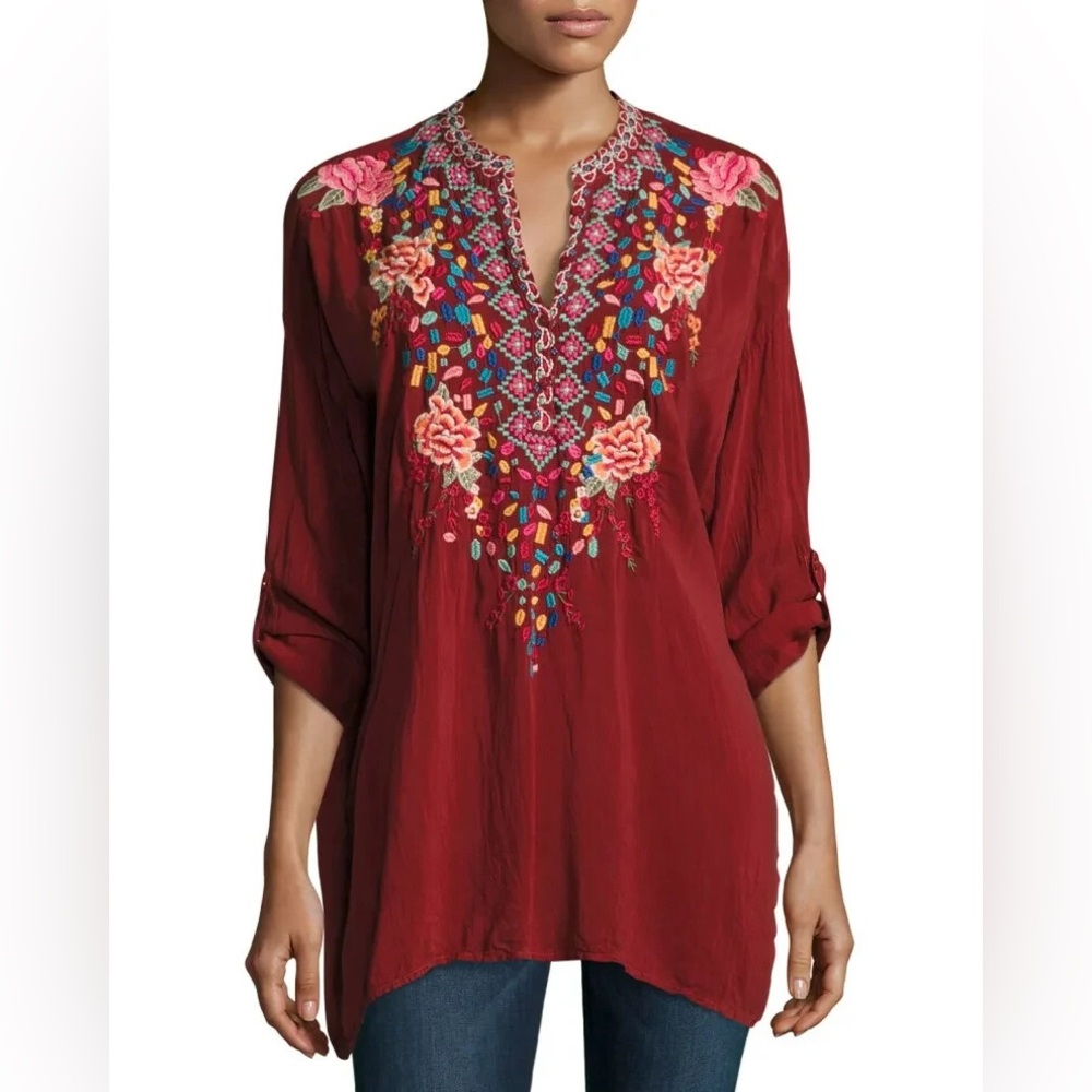 Johnny Was Red Embellished Tunic with Mandarin Collar